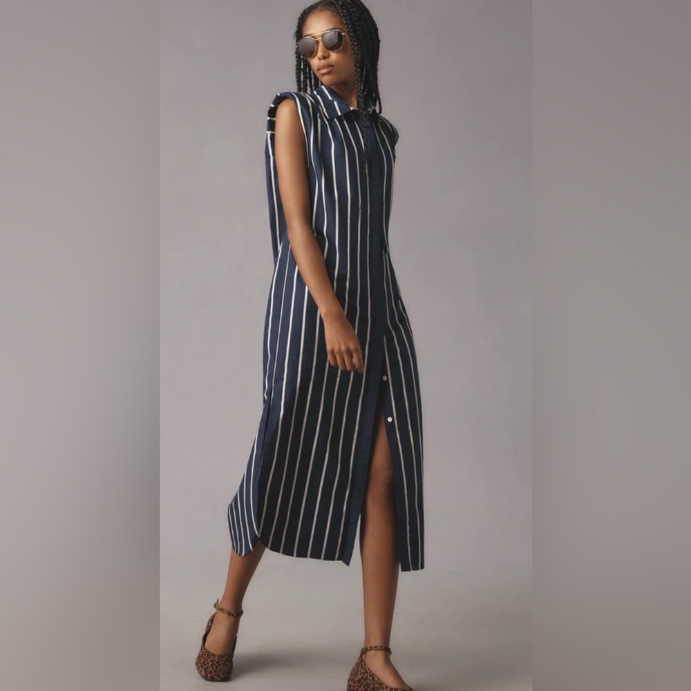 ANTHROPOLOGIE Sleeveless Navy Striped Midi Dress GREY LAB Size M NWT